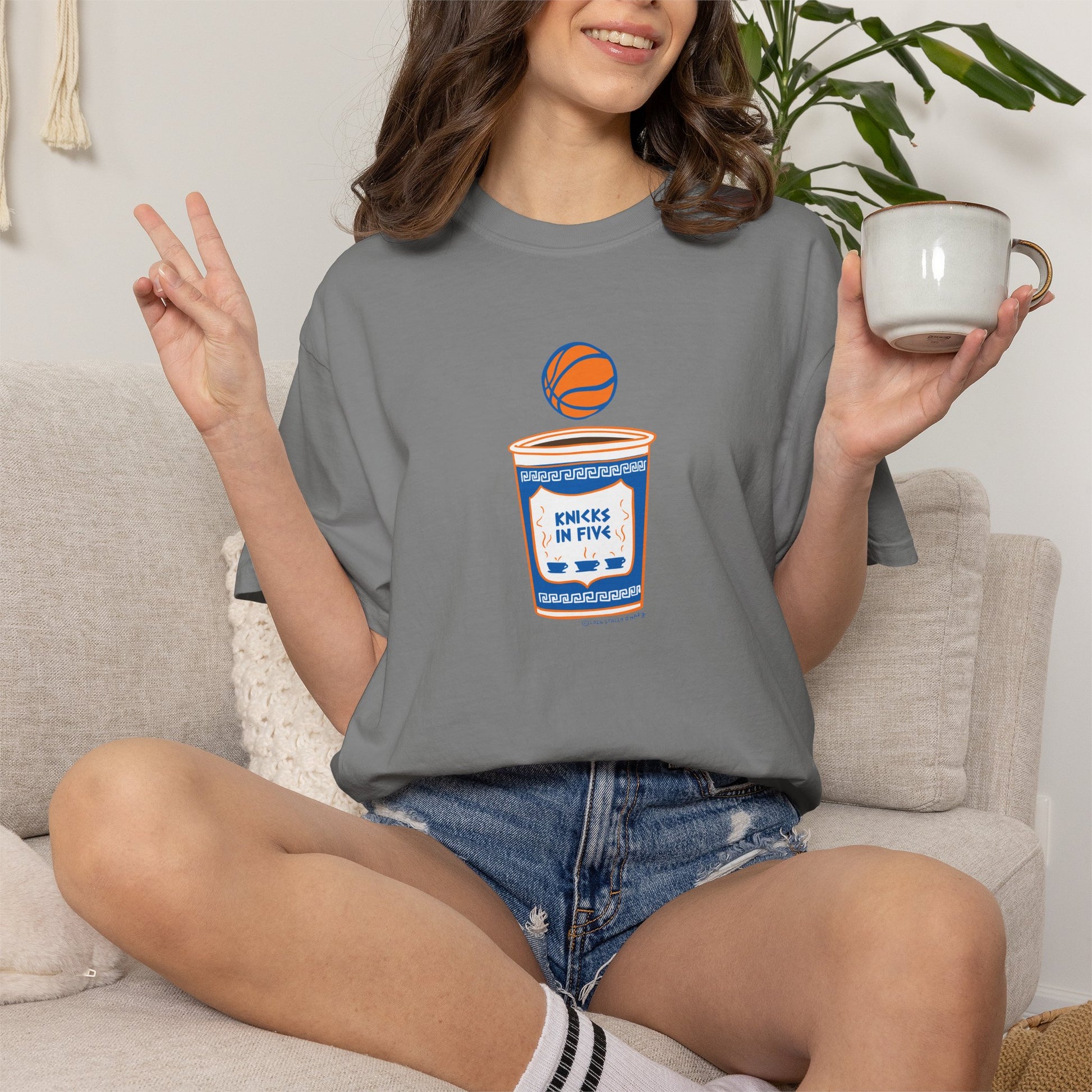 'Knicks in Five' Greek Coffee Cup Basketball Tee Cotton Colors