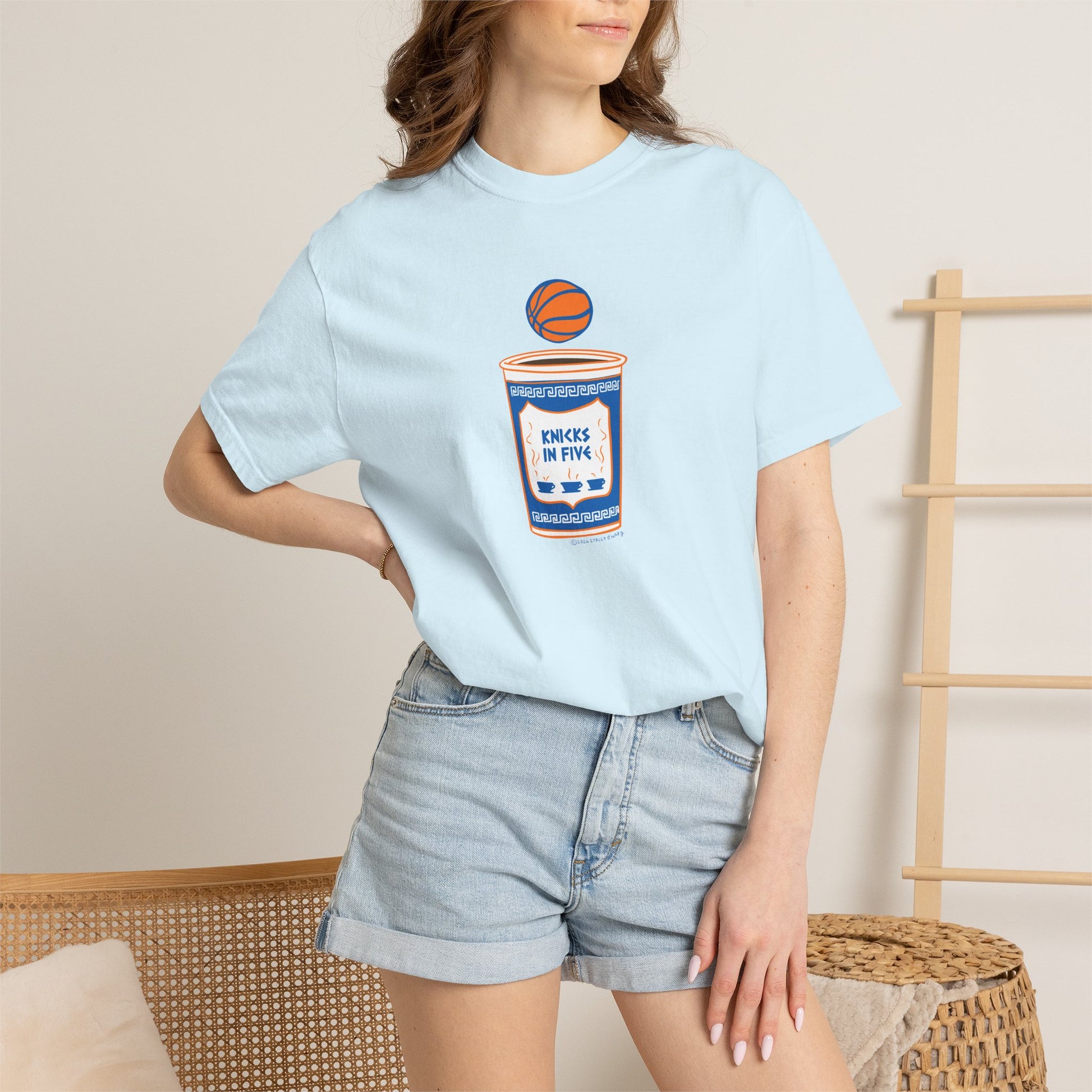 'Knicks in Five' Greek Coffee Cup Basketball Tee Cotton Colors