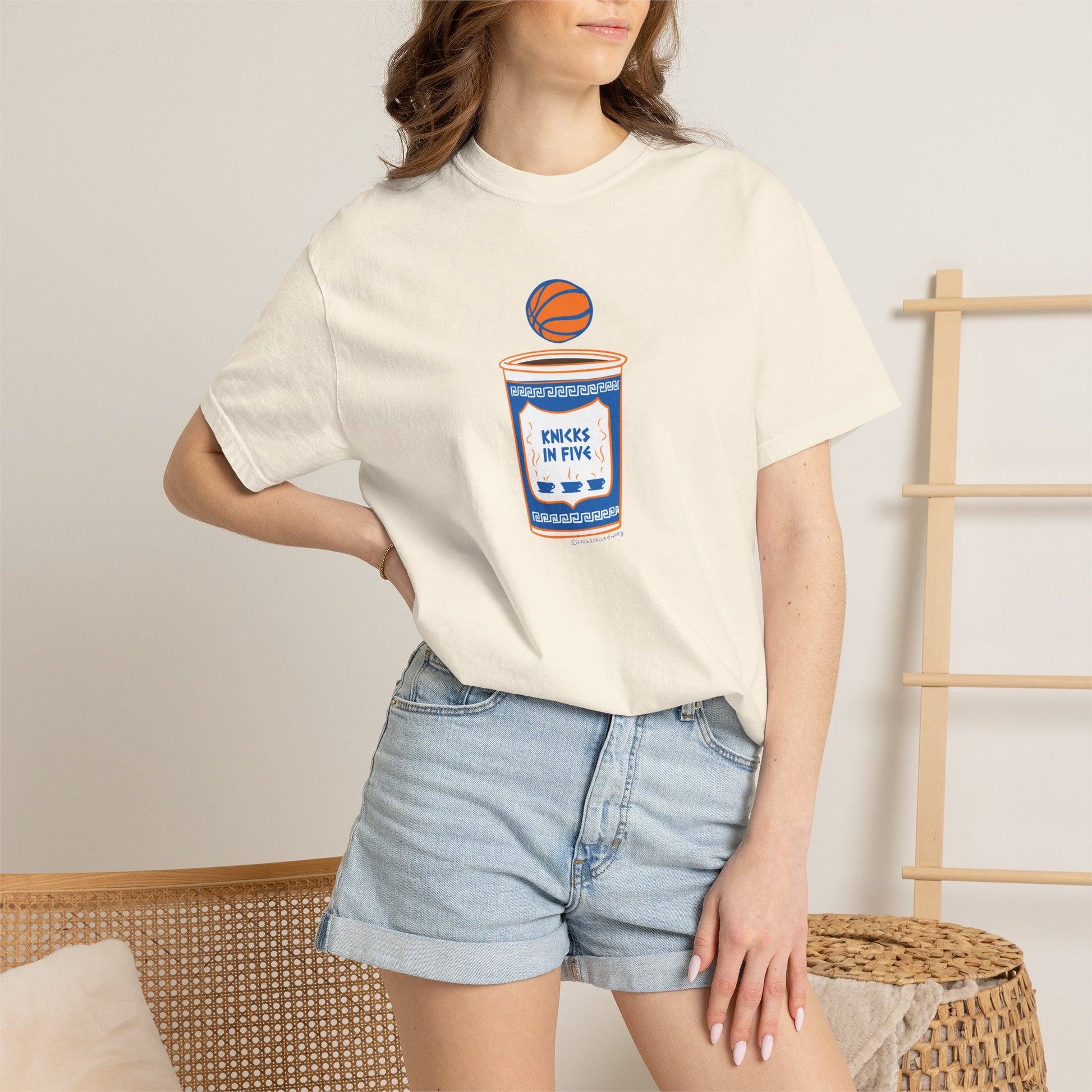'Knicks in Five' Greek Coffee Cup Basketball Tee Cotton Colors