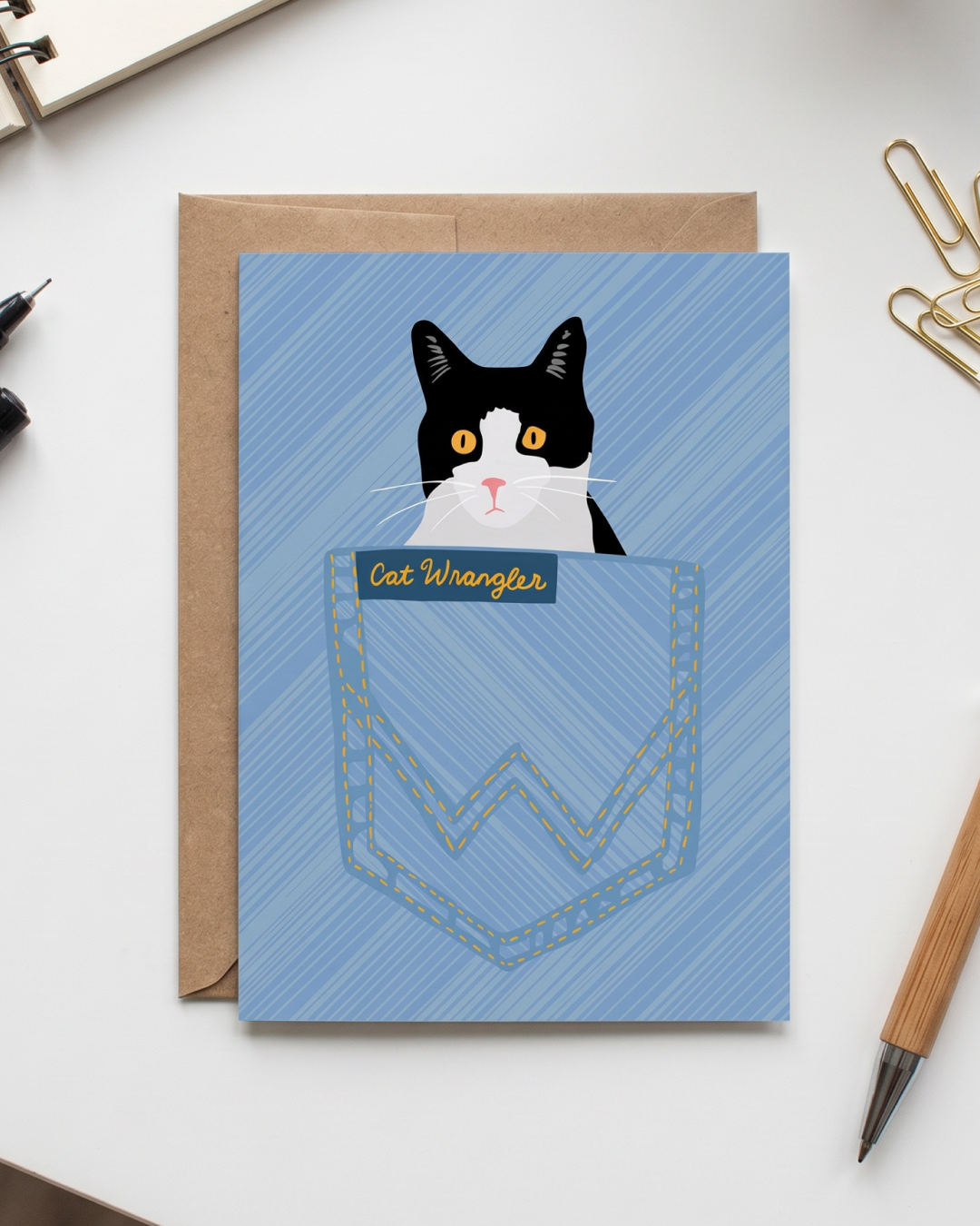 Cat Wrangler Denim Cat in Pocket Card