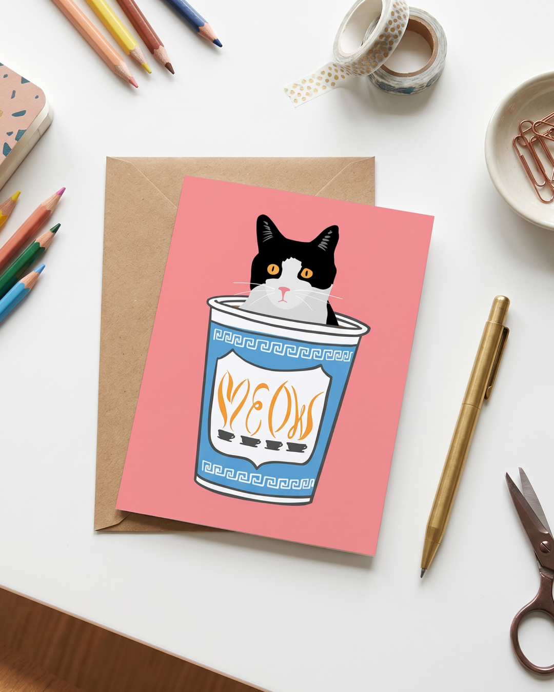 Meow Greek Coffee Cup with CATfeine Card