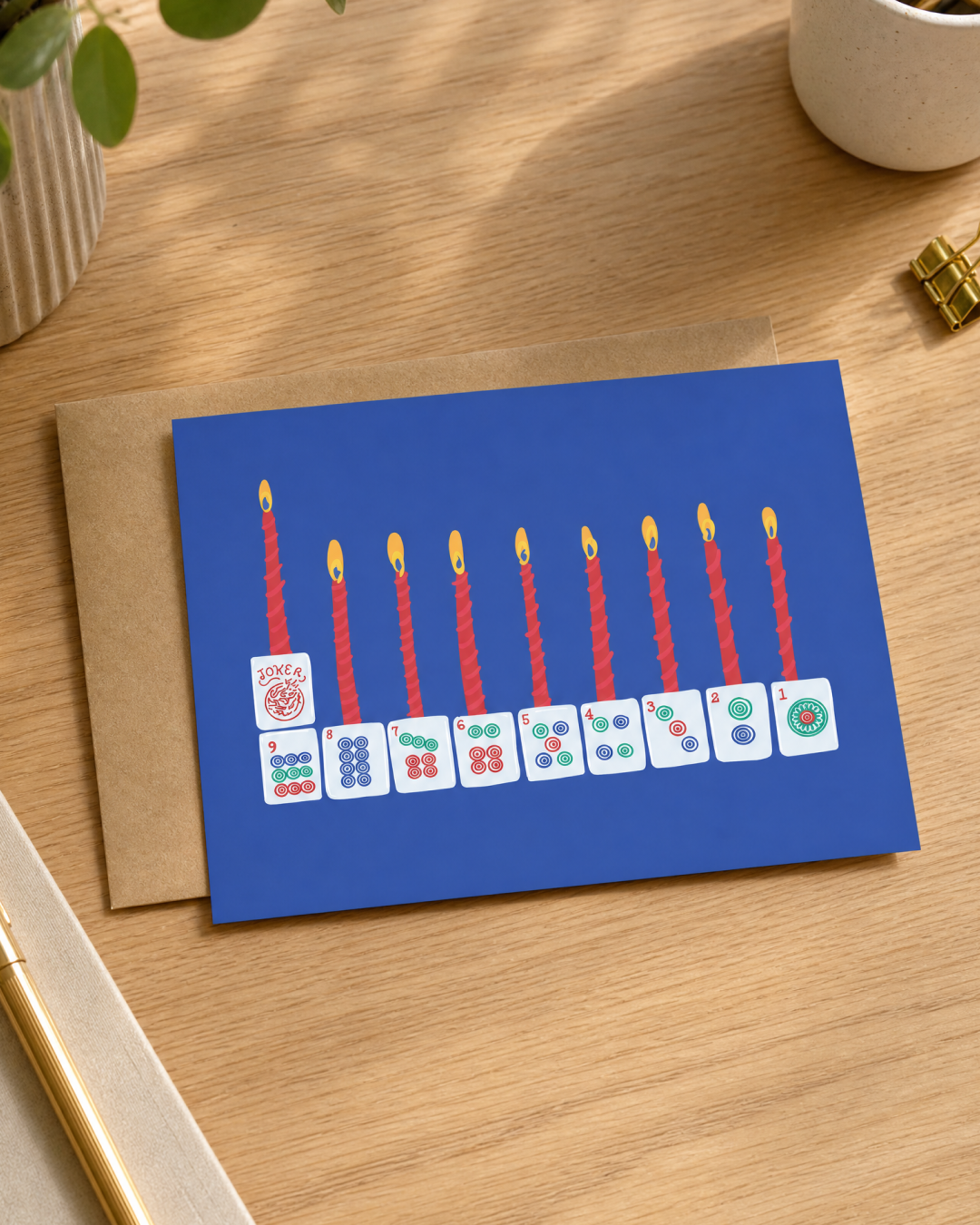 8 Days of Mahjong Menorah Hanukkah Menorah Card (horizontal)