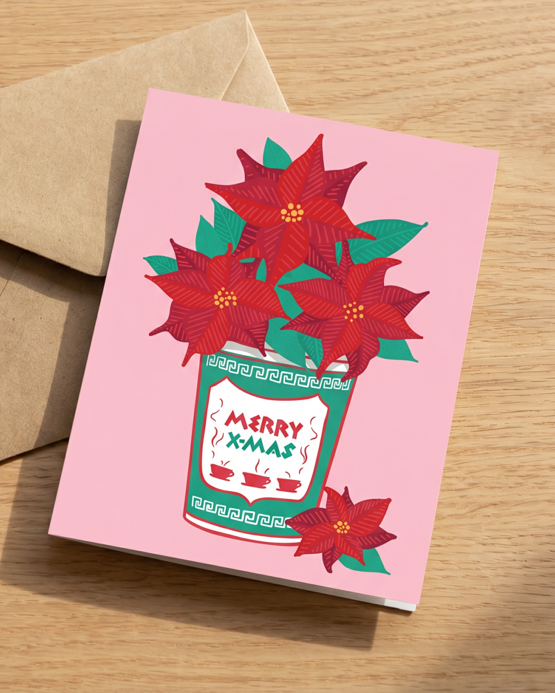 Merry Christmas Greek NYC Coffee Cup Poinsettia Holiday Card