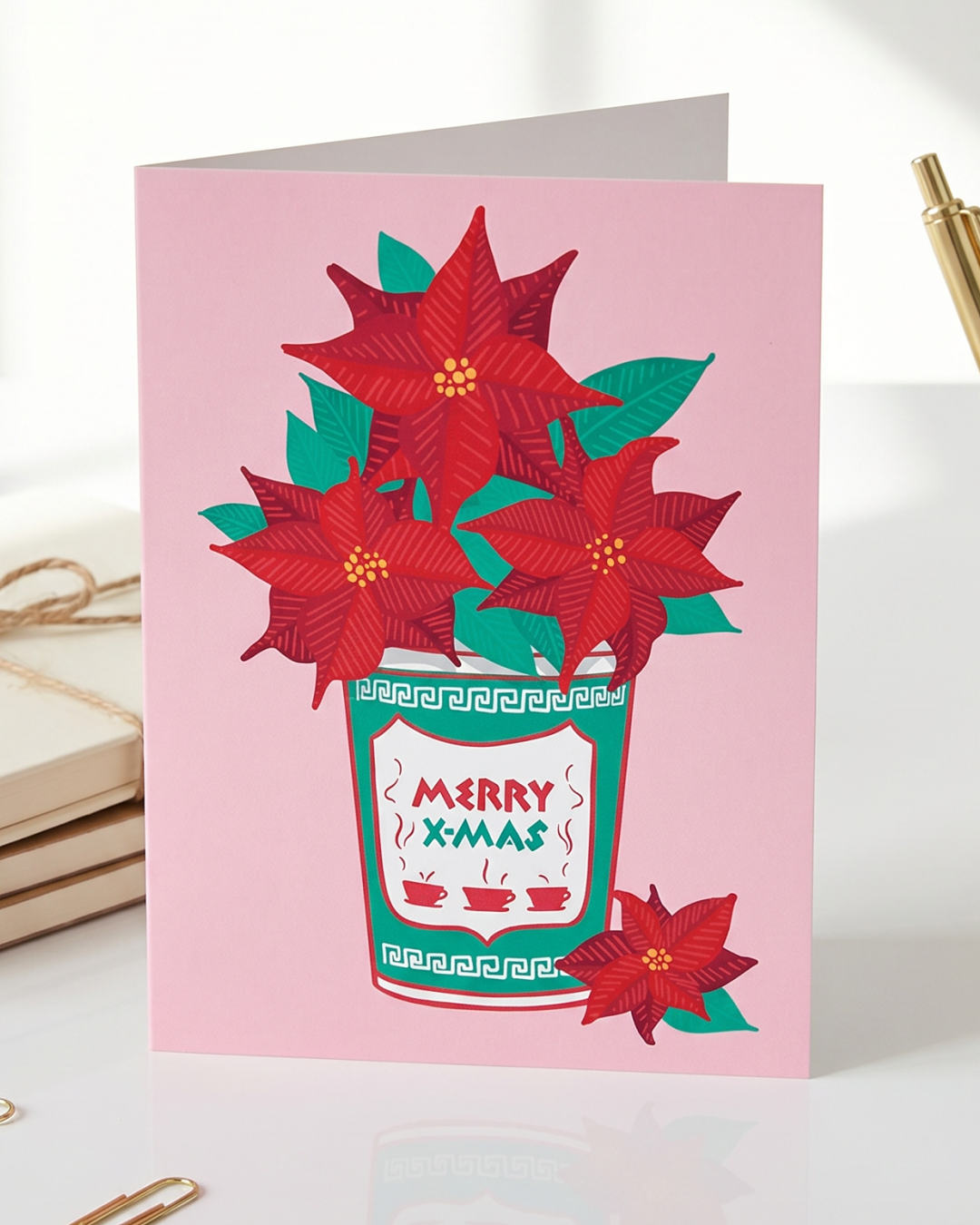 Merry Christmas Greek NYC Coffee Cup Poinsettia Holiday Card