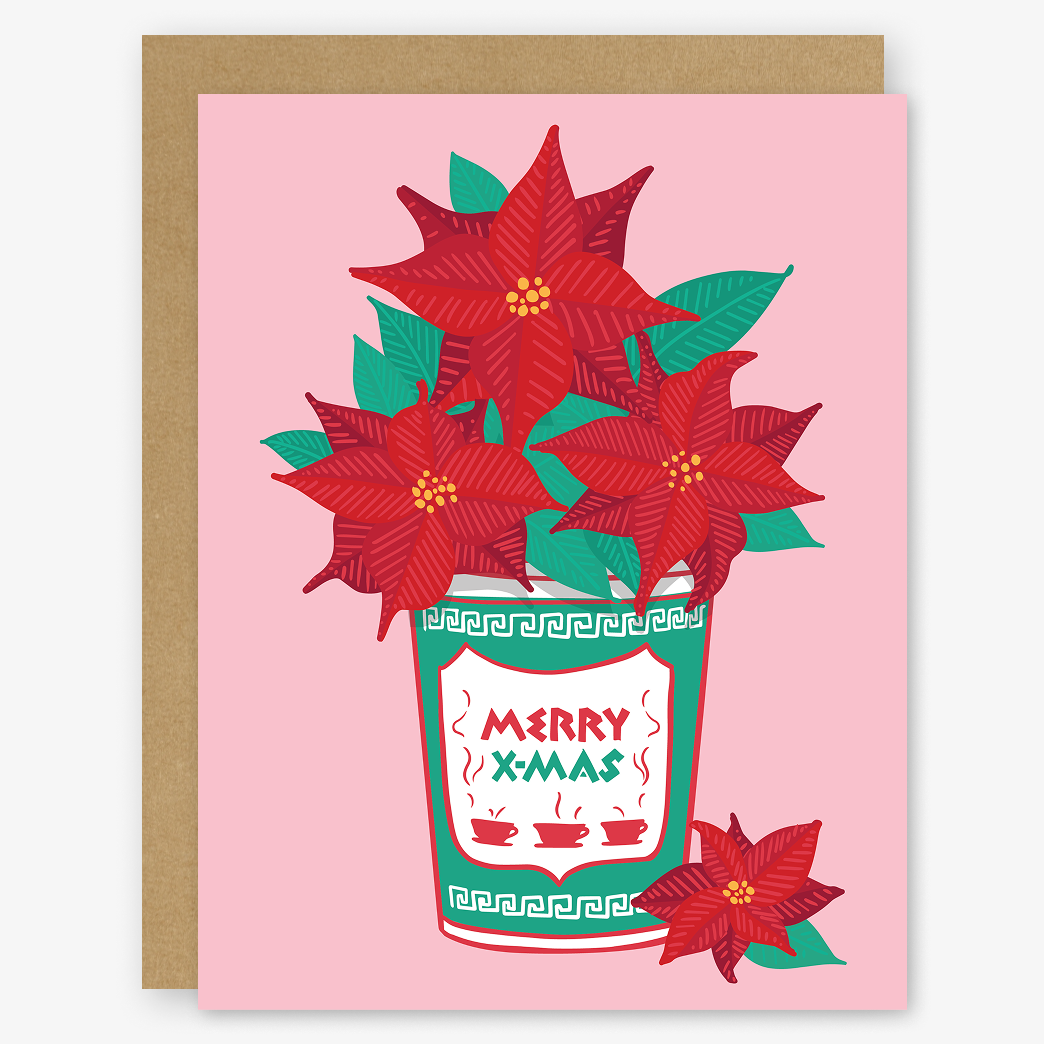 Merry Christmas Greek NYC Coffee Cup Poinsettia Holiday Card