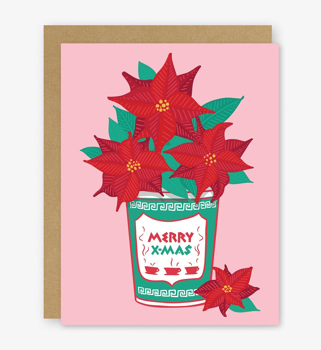 Merry Christmas Greek NYC Coffee Cup Poinsettia Holiday Card