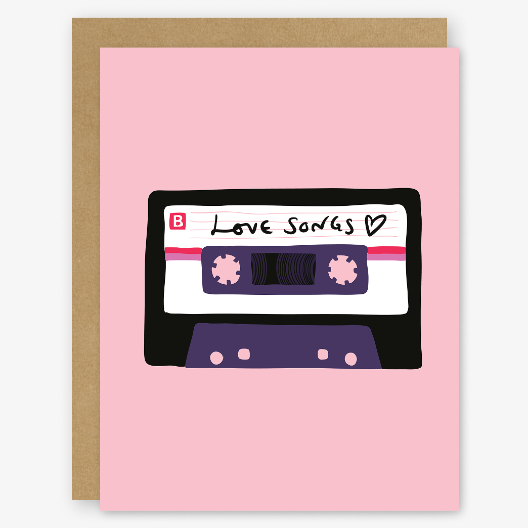 Greeting card with a cassette tape design and 'Love Songs' text on a pink background