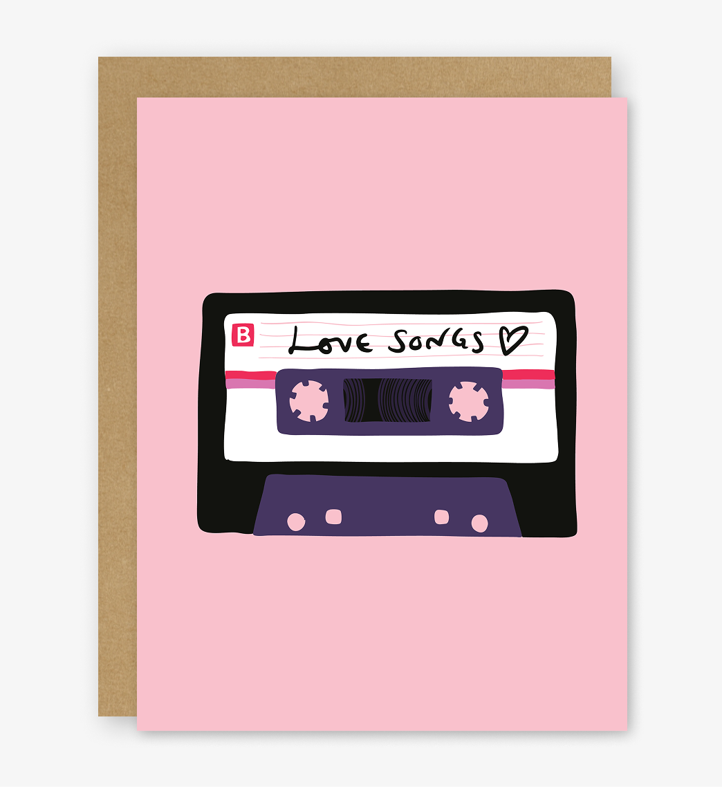 Greeting card with a cassette tape design and 'Love Songs' text on a pink background