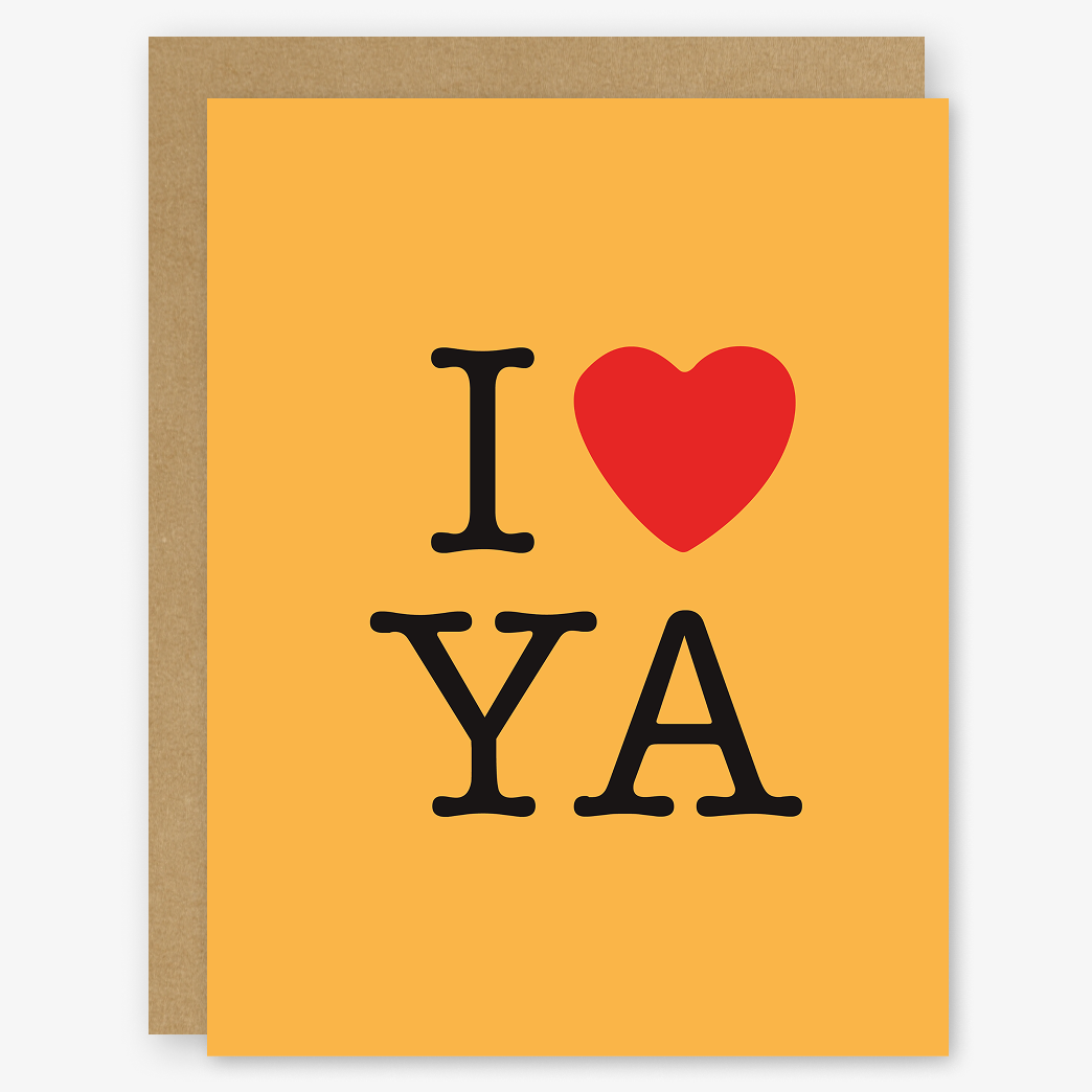 Greeting card with 'I ❤️ YA' text on a yellow background