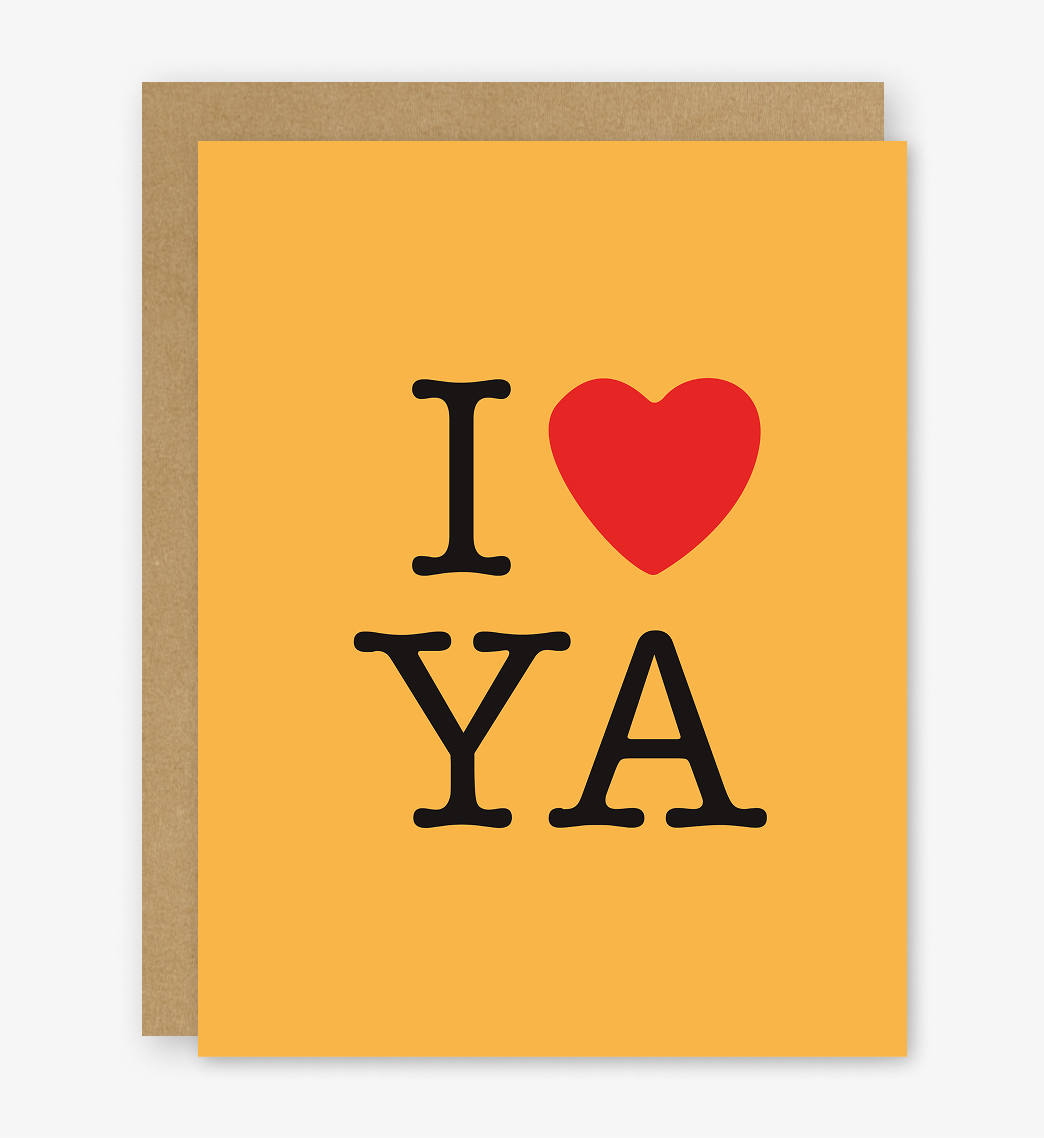 Greeting card with 'I ❤️ YA' text on a yellow background