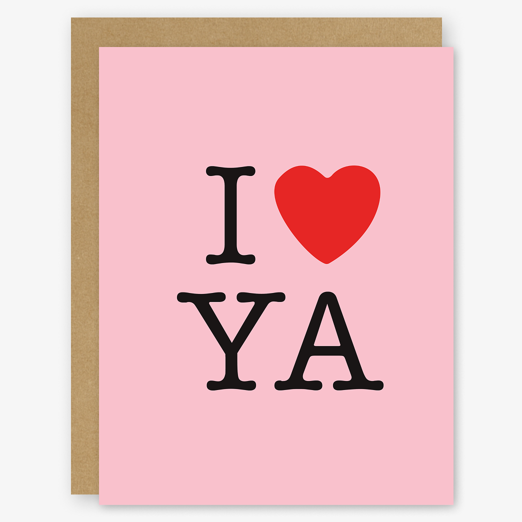 Greeting card with 'I ❤️ YA' text on a pink background