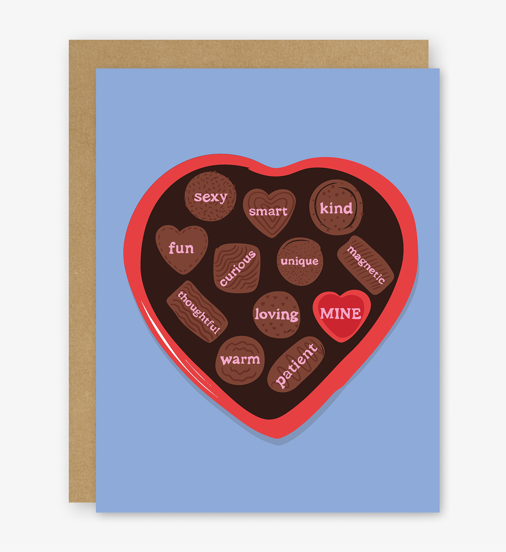 Greeting card with a heart-shaped chocolate design and text on a blue background