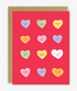 Greeting card with colorful heart-shaped candy text on a red background