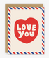 Greeting card with red heart and 'LOVE YOU' text on a beige background with striped border