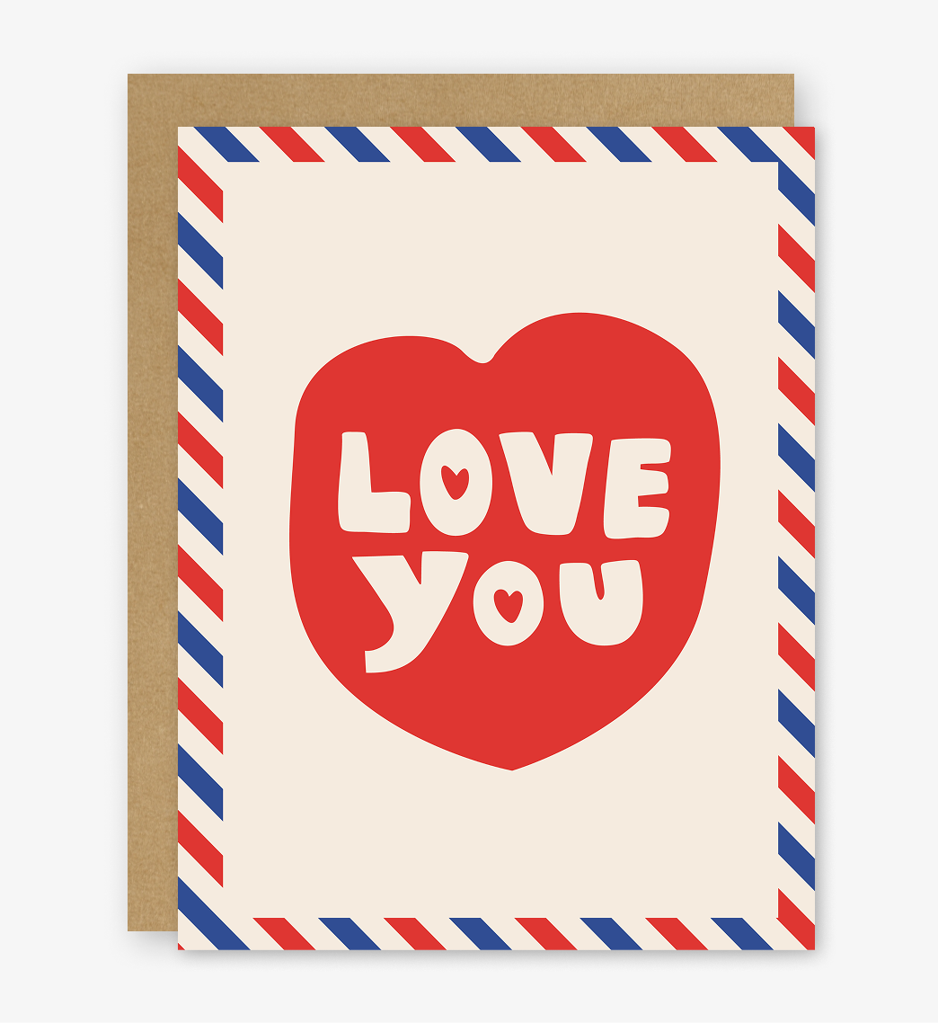 Greeting card with red heart and 'LOVE YOU' text on a beige background with striped border