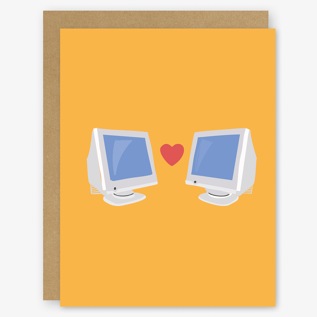 Greeting card with two computer monitors and a heart on an orange background