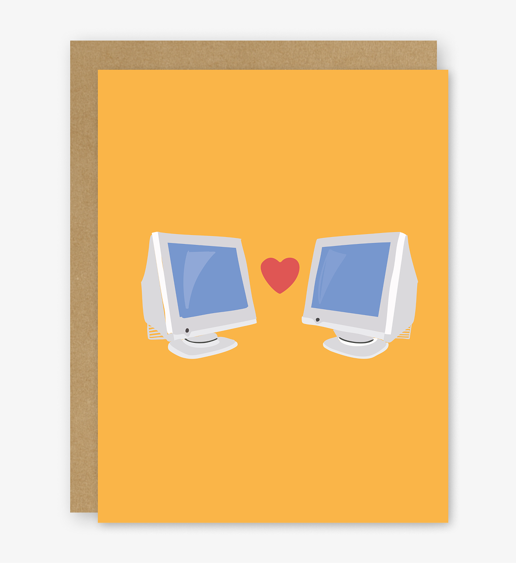 Greeting card with two computer monitors and a heart on an orange background