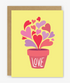 Greeting card with heart-shaped flowers in a pot and 'LOVE' text on a yellow background