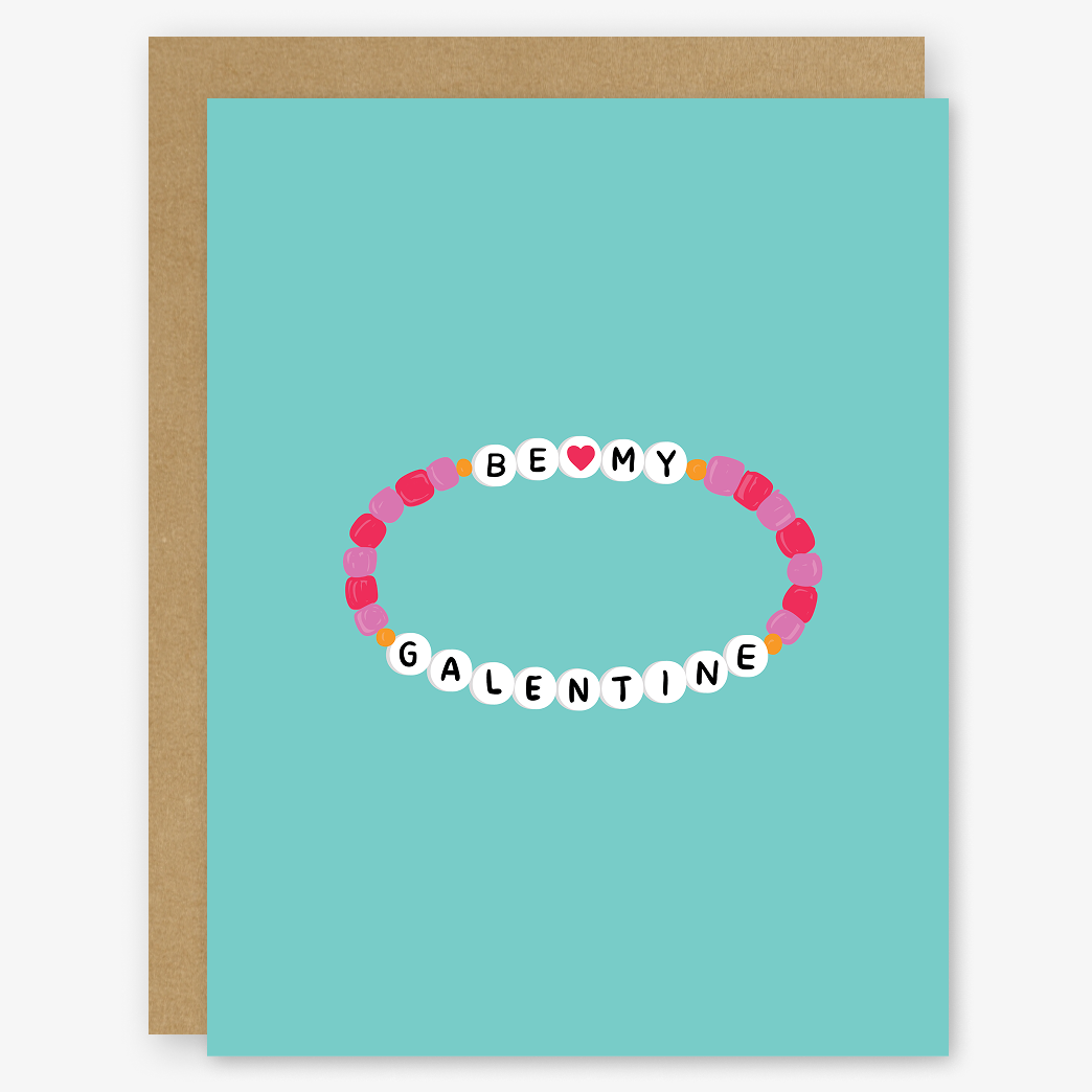 Greeting card with 'Be My Galentine' design on a teal background