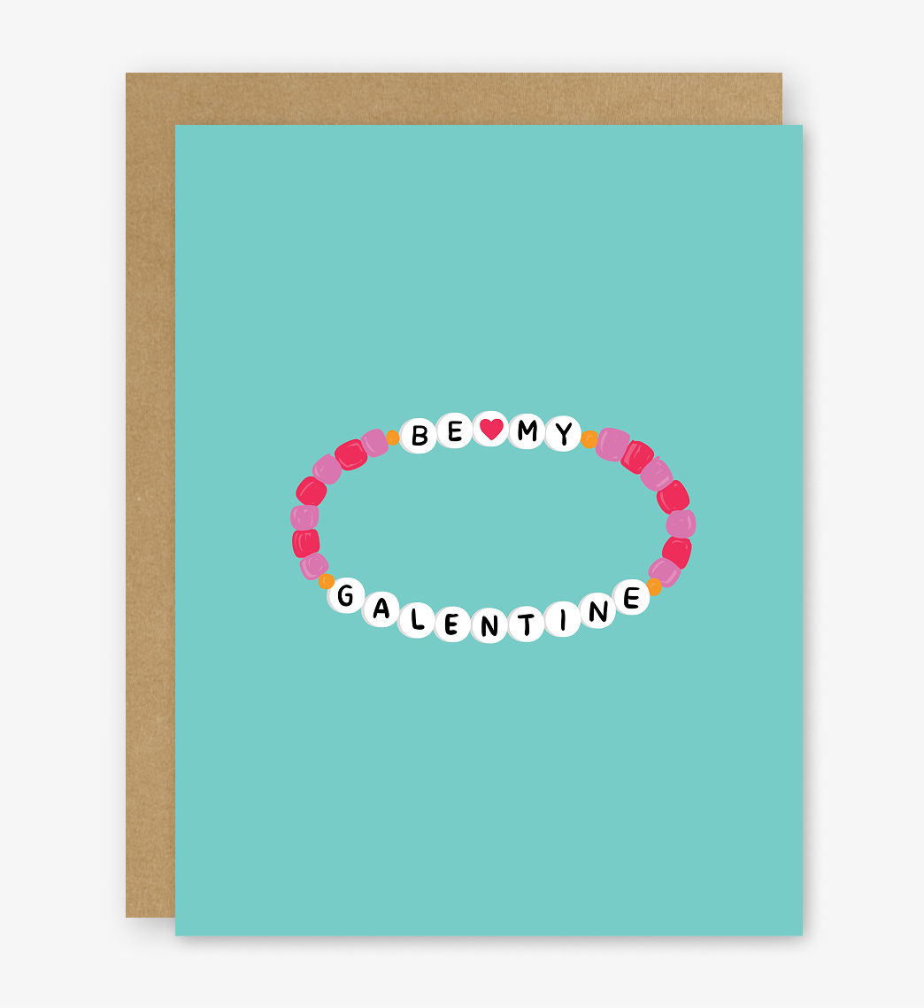 Greeting card with 'Be My Galentine' design on a teal background