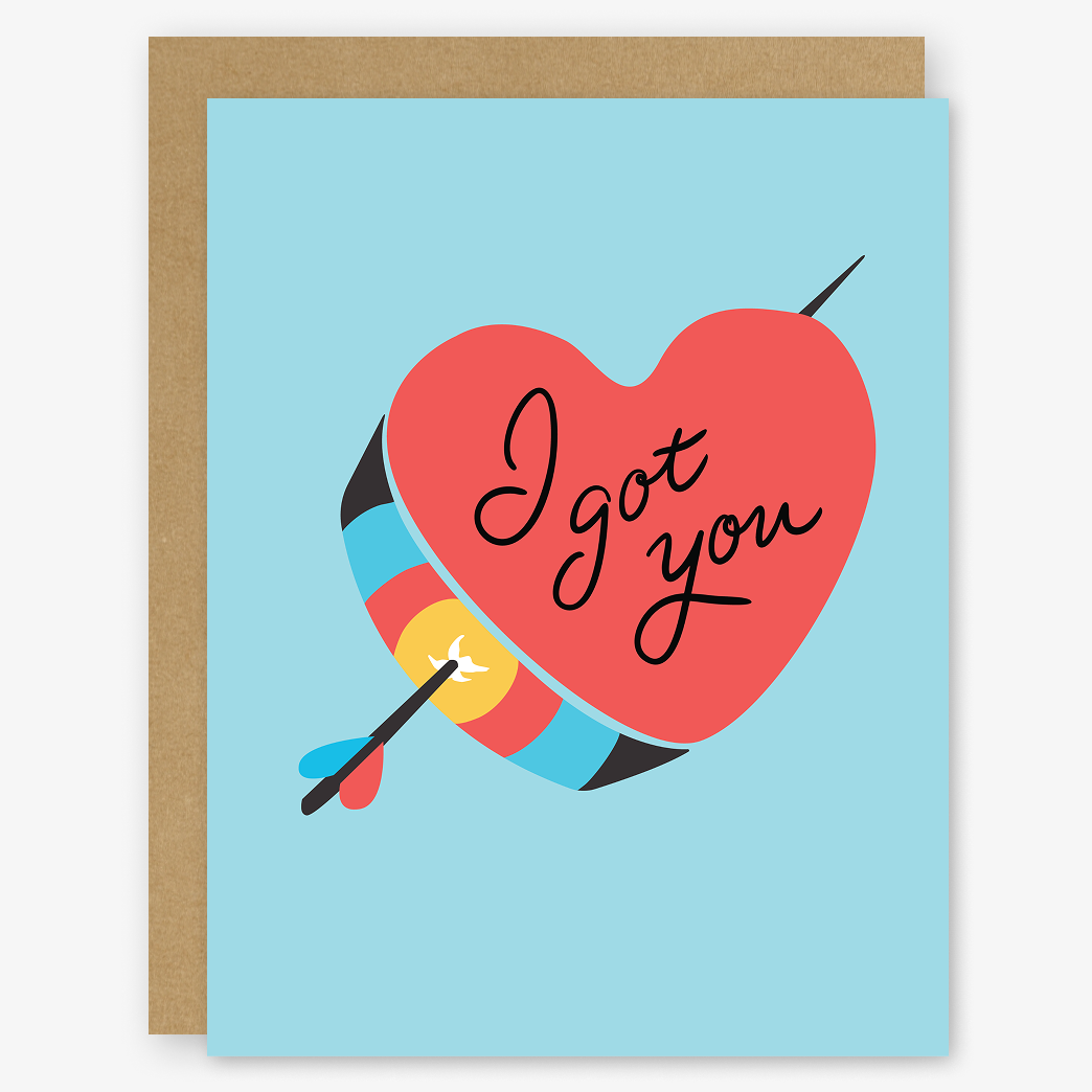 Greeting card with a red heart and colorful arrow on a blue background