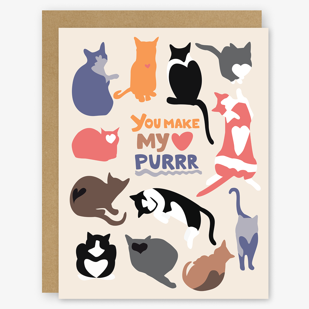 Card with colorful cat illustrations and 'You Make My Purrr' text on a beige background