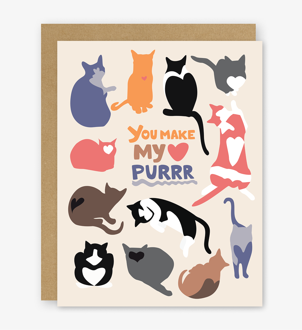 Card with colorful cat illustrations and 'You Make My Purrr' text on a beige background