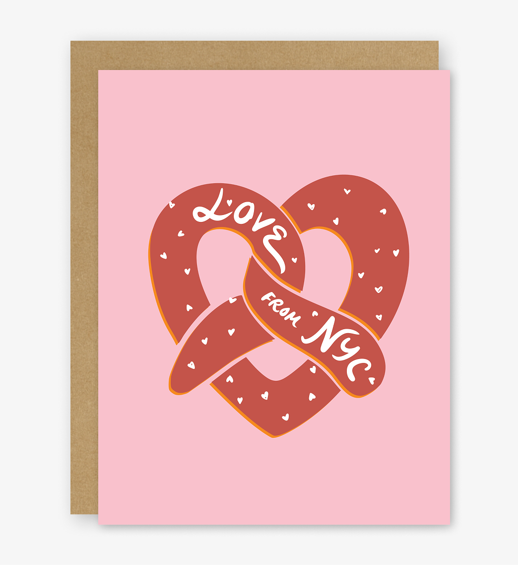 Greeting card with a heart-shaped pretzel design and 'Love from NYC' text on a pink background.