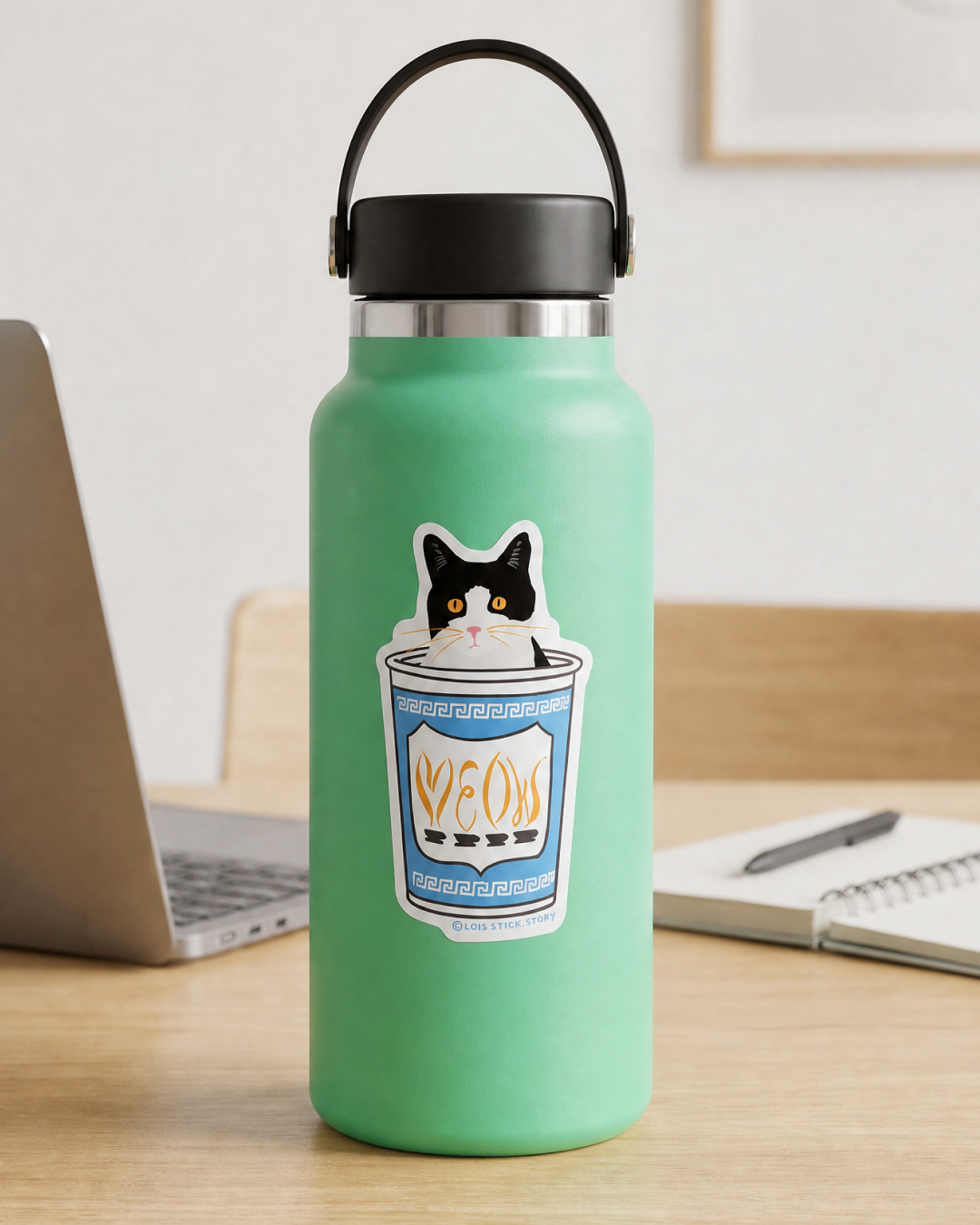 Chibi Cat in NYC Greek Meow Coffee Cup Sticker