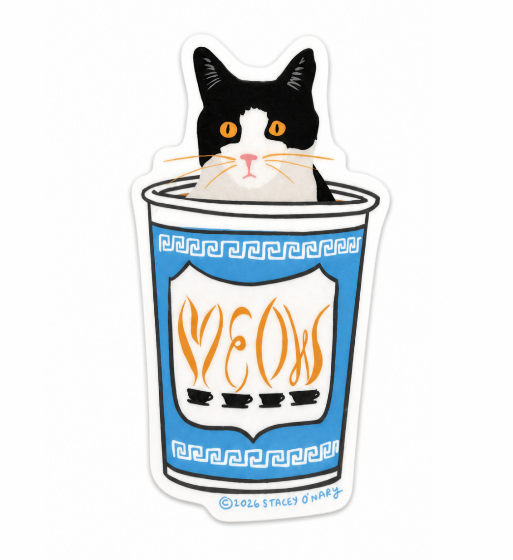 Chibi Cat in NYC Greek Meow Coffee Cup Sticker