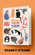 Greeting card with cat illustrations and 'You Make My Purrr' text on an orange background