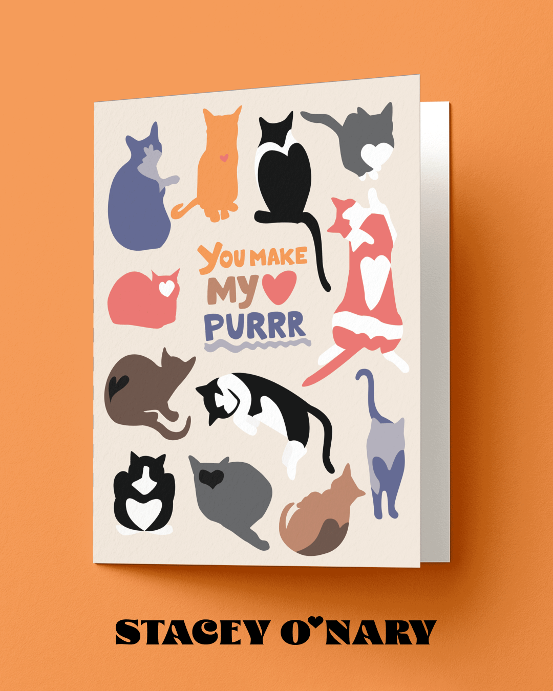 Greeting card with cat illustrations and 'You Make My Purrr' text on an orange background