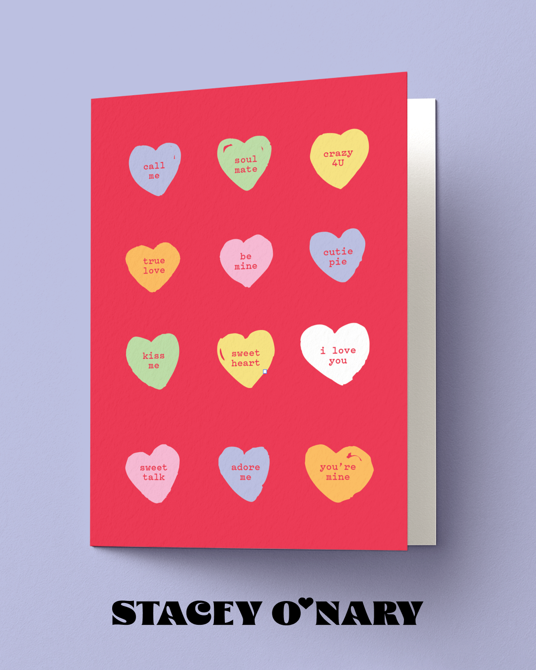 Card with colorful heart-shaped words on a red background, featuring the brand 'Stacey O'Nary'.