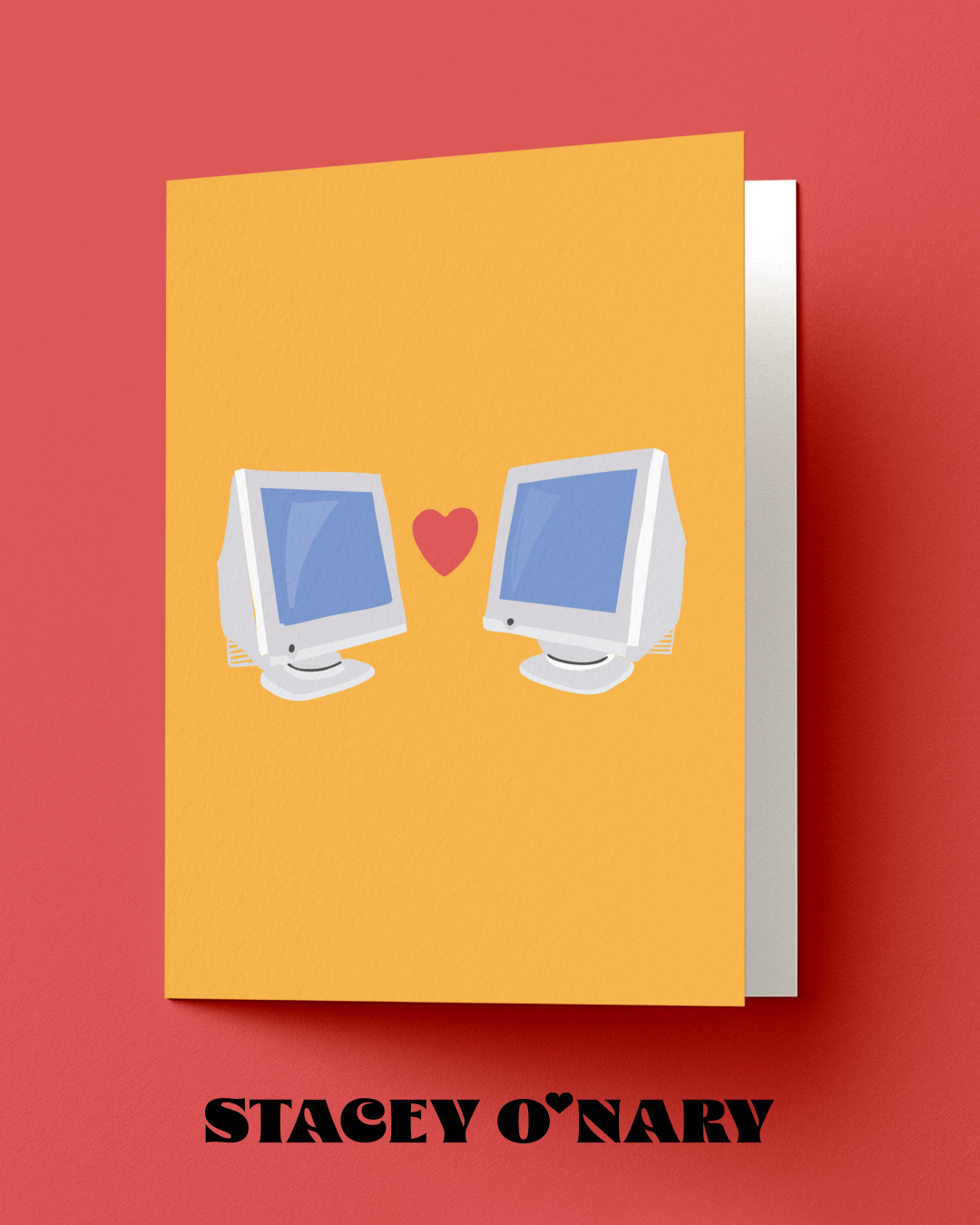 Notebook with two computer monitors and a heart on a yellow cover, on a red background with 'Stacey O'Nary' branding.
